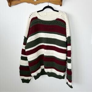 Handmade Crochet Striped Crew Neck Sweater Red Green Size XL/XXL
